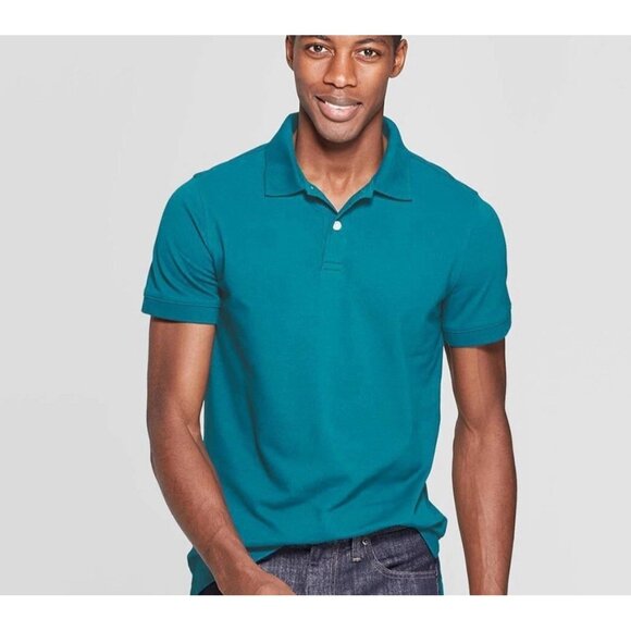 Goodfellow Mens Short Sleeve Loring Polo Shirt Teal Blue Coastal Wave Small - Picture 1 of 6